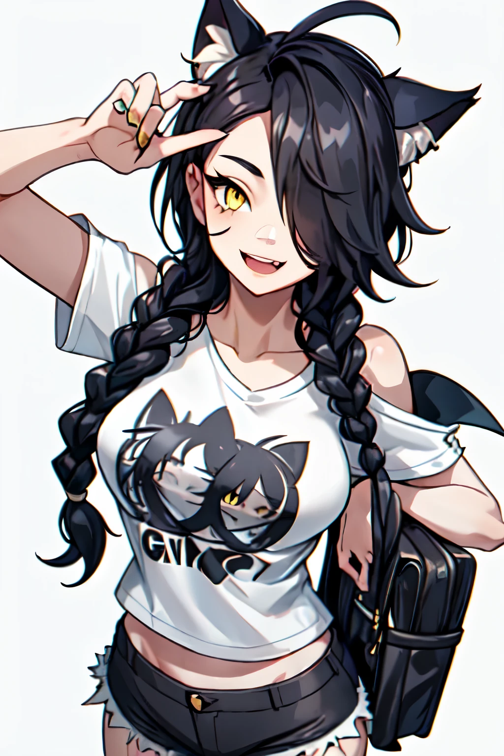 1girl, solo, long hair, looking at viewer, black hair, bandaid on face, yellow eyes, animal ears, smile, bandaid on nose, braid, cat ears, bandaid, bangs, breasts, fake animal ears, simple background, open mouth, fang, , bare shoulders, scar, teeth, shirt, bare shoulders, white shirt, short sleeves, closed mouth, t-shirt, hair over one eye, portrait, bag, hair over shoulder, shorts,