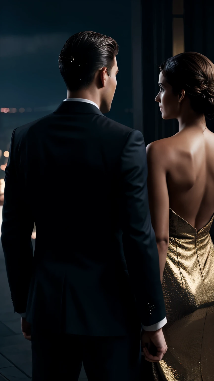 a well-dressed seductive man in a dramatic environment, having a conversation with a woman, man's back to the camera, cinematic lighting, dramatic atmosphere, rich textures, high quality, photorealistic