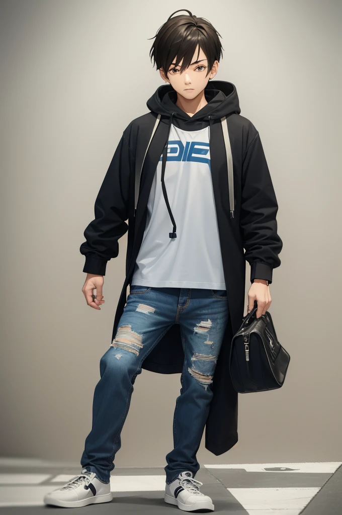 Daichi Idade: 17 years old Height: 1,75 m Hair: average, slightly wavy and light brown, usually styled casually. Has a fringe that falls slightly over the eyes. eyeballs: big and bright, light blue color. tenue: Wear a graphic t-shirt with a futuristic design, a gray sports jacket with a hood, ripped jeans and comfortable sneakers. Carry a modern wristwatch with a minimalist design. Additional Features: Wear a pair of headphones around your neck, which he often uses to listen to music while thinking about strategies. Has a relaxed and friendly look, reflecting your young and intelligent nature