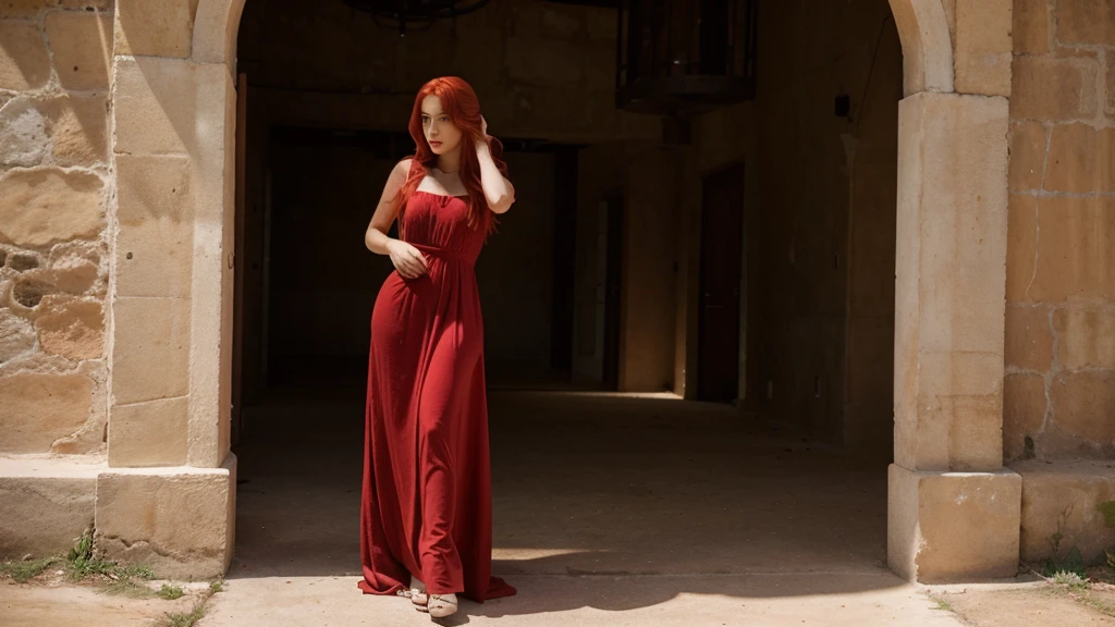 Beautiful girl with red hair and a long dress