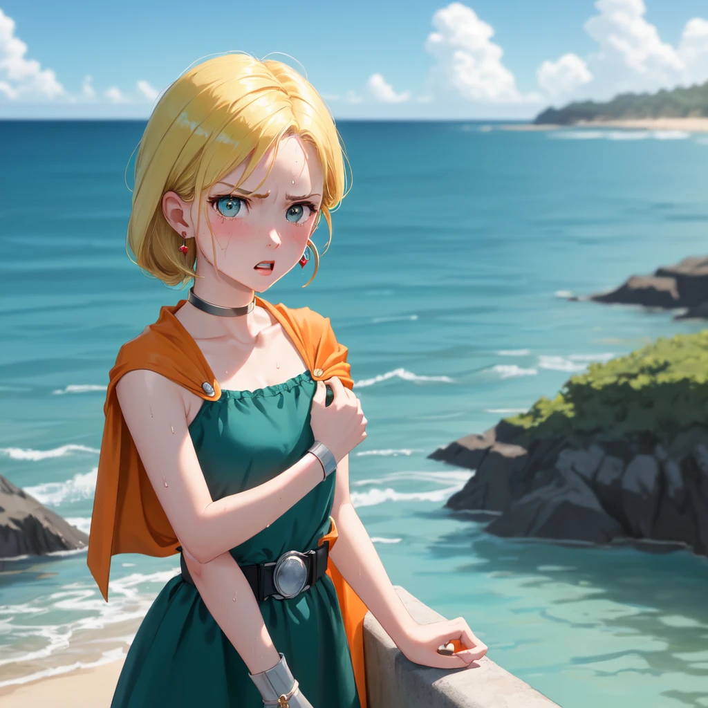 (masterpiece,Best,quality:1.3), masterpiece, Highest quality, DQ Bianca, 1 person, Single Blade, Earrings, choker, Orange Cape, Green Dress, belt, Small breasts, 1 personで, Upper Body, hot, Sweating a lot, Wipe away sweat, looking at the camera, Ocean, In the water, Wet, angry