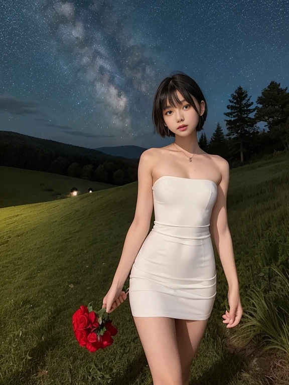 beautiful 16 year old girl, Skinny body, small bust, Whole body, very short hair, smooth black color, she has a short white dress, bare shoulders, two hands, holding a red rose in her right hand, Perfect face, on a hill at night , few trees, starry sky, very bright stars, look forward, sad