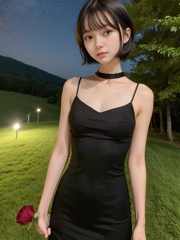 beautiful 16 year old girl, Skinny body, small bust, Whole body, very short hair, smooth black color, she has a short white dress, bare shoulders, two hands, holding a red rose in her right hand, Perfect face, on a hill at night , few trees, starry sky, very bright stars, look forward, sad