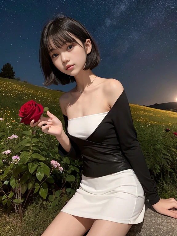 beautiful 16 year old girl, Skinny body, small bust, Whole body, very short hair, smooth black color, she has a short white dress, bare shoulders, two hands, holding a red rose in her right hand, Perfect face, on a hill at night , few trees, starry sky, very bright stars, look forward, sad