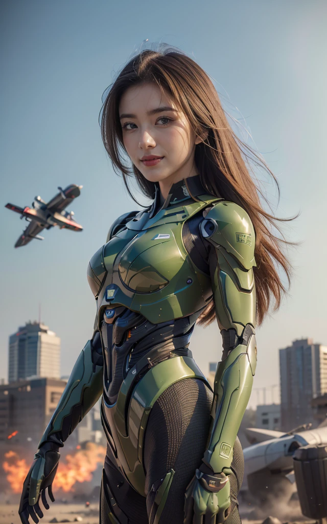 8K, Best quality, masterpiece, Ultra-high resolution, (Reality: 1.4),Girls send future combat suits,Green pupils,Air battle scene background,Crashed plane,Flying anti-aircraft flame robot bird,Real women,cleveage,serious,cute female ,Smile,Perfect girl,Beautiful woman ,beautiful girl,long hair,Robot,CG,