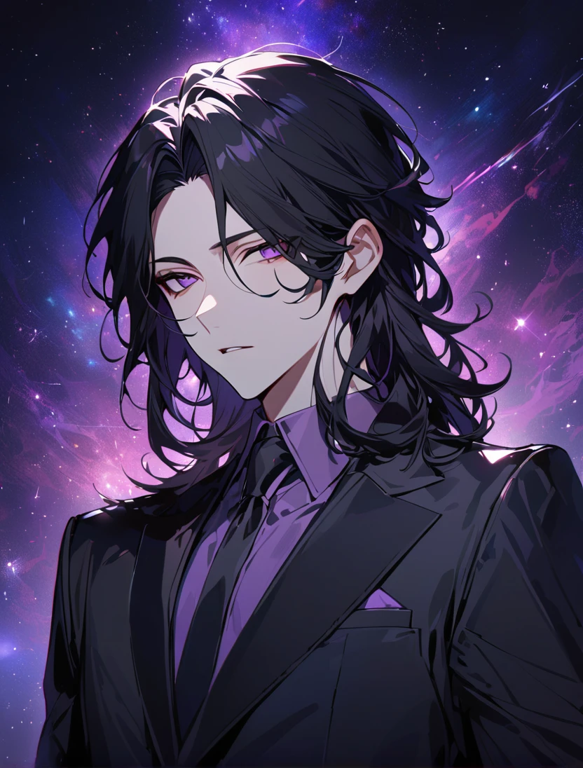 (black_hair), (long_male_hair), (deep_purple_eyes), (high_detailed_eyes), (attractive), (emotionless), (Deep_space_background), (male), (wears_black_suit), (long_male_hair), (detailed_Hair), (detailed), (detailed_mouth), (vertical_slit_pupils)