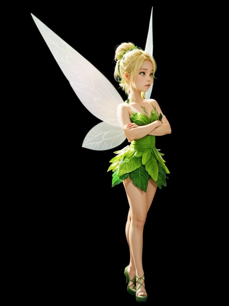 A beautiful fairy, with green leaf dress, blonde hair tied, with light green wings