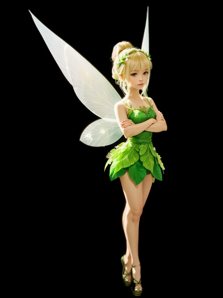 A beautiful fairy, with green leaf dress, blonde hair tied, with light green wings