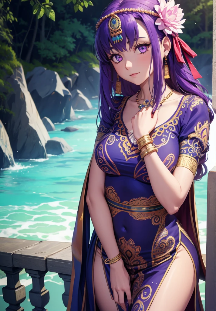 parvati, parvati, long hair, (purple eyes:1.1), purple hair,
BREAK bracelet, flower, hair flower, hair ornament, indian clothes, jewelry, necklace, side slit,
BREAK looking at viewer,
BREAK outdoors,
BREAK (masterpiece:1.2), best quality, high resolution, unity 8k wallpaper, (illustration:0.8), (beautiful detailed eyes:1.6), extremely detailed face, perfect lighting, extremely detailed CG, (perfect hands, perfect anatomy),