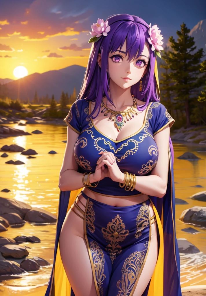 parvati, parvati, long hair, (purple eyes:1.1), purple hair,
BREAK bracelet, flower, hair flower, hair ornament, indian clothes, jewelry, necklace, side slit,
BREAK looking at viewer,
BREAK outdoors,
BREAK (masterpiece:1.2), best quality, high resolution, unity 8k wallpaper, (illustration:0.8), (beautiful detailed eyes:1.6), extremely detailed face, perfect lighting, extremely detailed CG, (perfect hands, perfect anatomy),