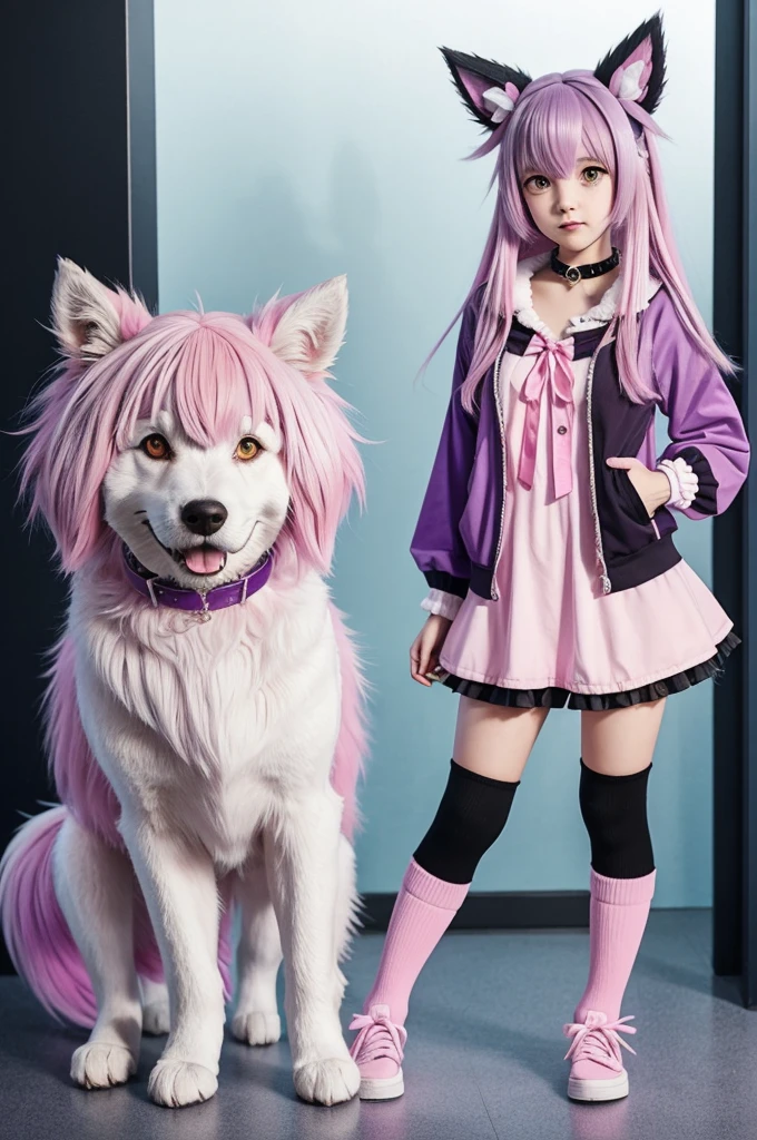 horrific yandere style full body kawaii pastel goth girl with pink and purple medium wolf cut shaggy length hair, with pinkish white skin, larger floppy dog ears and a fluffier tail, with a collar, mismatched socks with paw prints, in studio ghibli art style, with a pink and purple color palette, more alternative style, a heart-shaped locket on her collar, with paws instead of shoes,, standing on tiptoes, with long black hands and fingers, in various poses