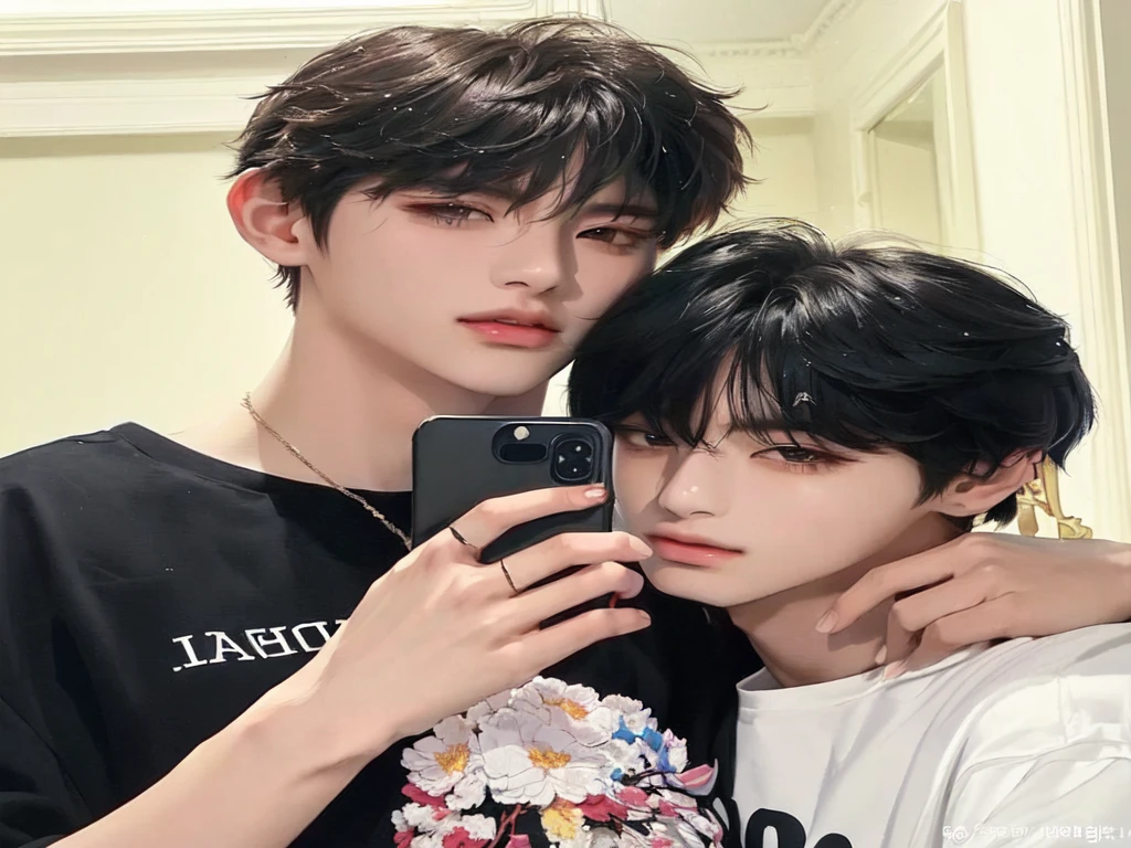 there are two young people taking a selfie in a mirror, Cai Xu Kun, Jinyoung Shin, 1 7-year-old boy with a thin face, Kim Doyoung, sometimes ulzzang, Yanjun Chengt, handsome boys, gunwoo kim y j.Dickenson, alessio albi and shin jeongho, Sha Xi, TaeJune Kim, Taekook, kim taehyung, JEON JUNGKOOK, BTS, Idol, Kpop idol, korean male