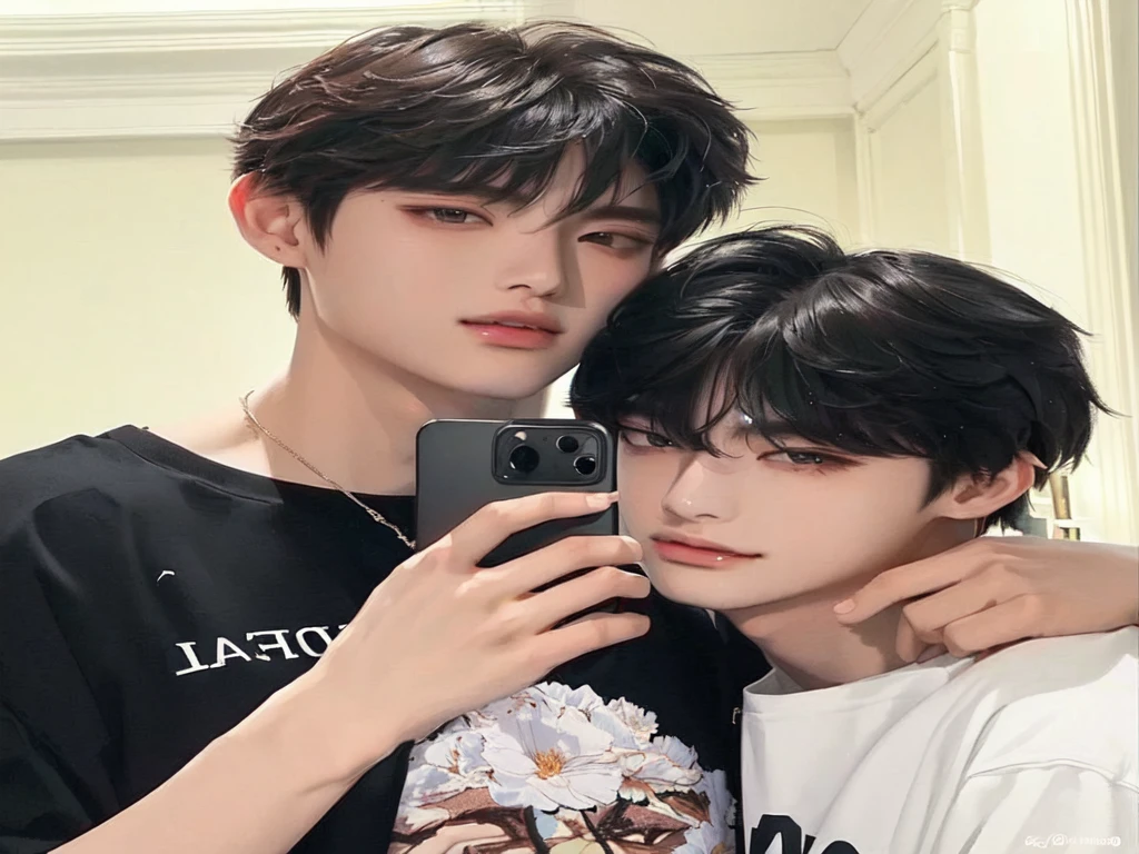 there are two young people taking a selfie in a mirror, Cai Xu Kun, Jinyoung Shin, 1 7-year-old boy with a thin face, Kim Doyoung, sometimes ulzzang, Yanjun Chengt, handsome boys, gunwoo kim y j.Dickenson, alessio albi and shin jeongho, Sha Xi, TaeJune Kim, Taekook, kim taehyung, JEON JUNGKOOK, BTS, Idol, Kpop idol, korean male