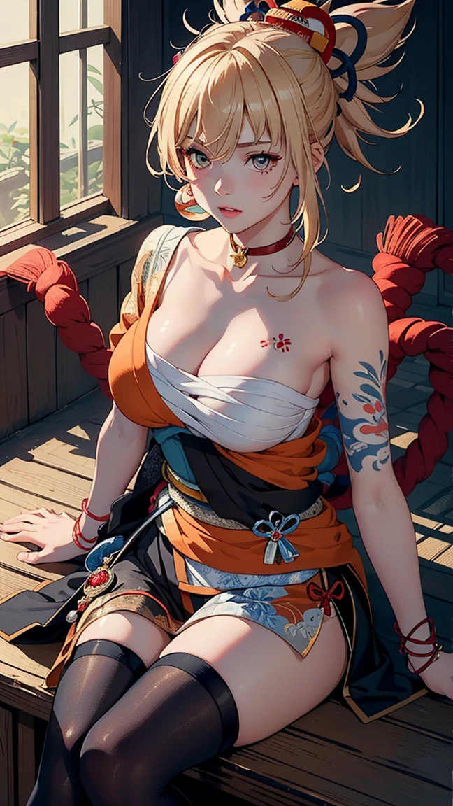there is 1woman that lying on bed,solo,((lie on one's back)),(((A MILF: 1.4))), (Curvy:1.35), mature beautiful European ,Curvy wide hips, huge breasts, ((Open kimono)), bare shoulders,((Sexual suggestiveness)),from above, silk pillows, (((tarot cards))), (((long curly blonde hair))), beautiful sky blue anime eyes, thick thighs, hair pin, jewelry, large crystal ball, (((oiran))),