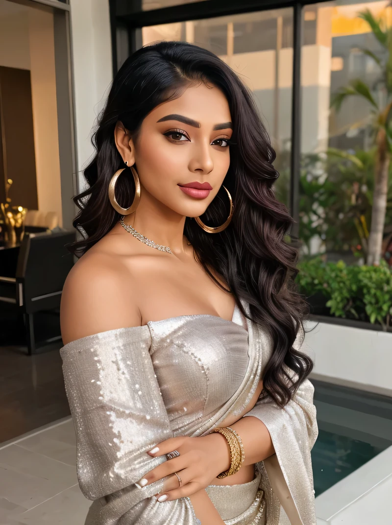 reate an ultra-realistic image of a modern, attractive female influencer of Indian descent, aged between 27 to 30. She should have a warm and inviting smile, expressive almond-shaped eyes with a slight shimmer, and clear, glowing skin with a medium brown complexion. Her features should be well-defined, with high cheekbones and a sharp jawline. Her hair should be long, thick, and wavy, styled in a loose chignon with pearl hairpins, and have a deep, reddish-purple hue that’s bold yet sophisticated.
She should have a slender yet athletic build with notably larger bust and butt size, reflecting an enhanced, healthy and active lifestyle. She is wearing an ivory lace sheath dress, which is made entirely of delicate lace with long sleeves and a V-back. The dress should emphasize her significantly larger bust and curvy figure, with a focus on the bust area.
The background should feature a historic mansion with classic architecture and grand staircases, adding an elegant and timeless backdrop to her sophisticated appearance. Her outfit is completed with stylish black heeled sandals that add elegance to her look. She accessorizes with subtle yet chic jewelry, such as small hoop earrings and a few thin bangles. Her overall appearance should exude confidence, approachability, and sophistication, capturing the essence of a contemporary Indian fashion influencer in a luxurious setting.