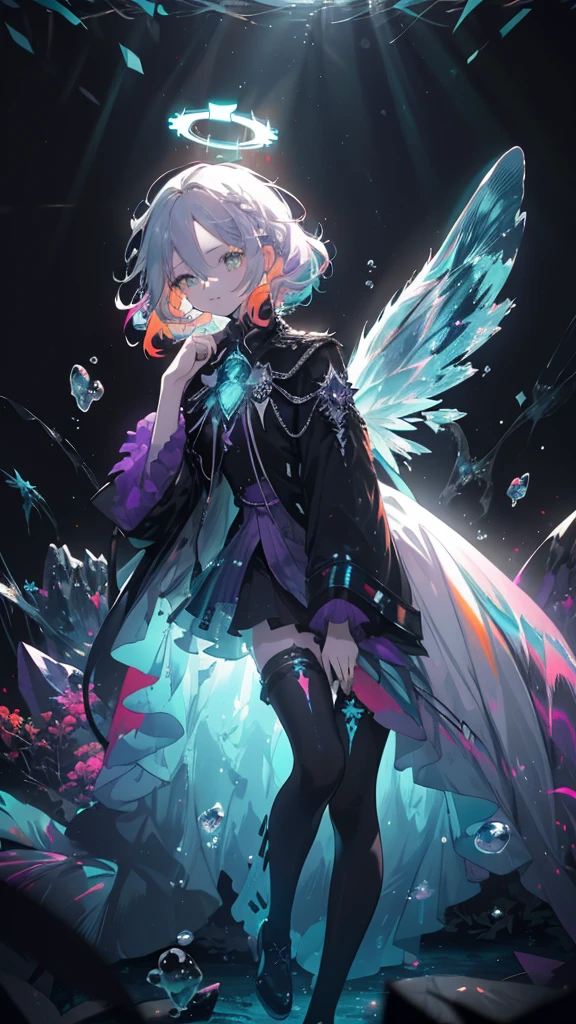 (Highest picture quality),(Masterwork),(ultra-detailed),(Detailed eye description:1.0),(lens flare:1.0),(movie poster:1.0),(Tarot border:1.0),the portrait is centered,(close-up:1.0),(negative space:0.8),(negative space:1.6),(solo),(floating colorful {wind|water magic|ink|crystals|ice|fire|flame|lightning|web|rocks|sand|particles|sparkles|blood}:1.0),(many colorful {soap bubbles|clouds|thorns|spikes|vines|currents|spirals|halos|wings|tattoos|cubes|octahedron}:1.0),(floating {red|green|blue|aqua|purple|yellow|black|white|grey|pink|orange|lime} {ribbons|feathers|particles|blades|droplets|snowflakes|soft balls}:1.0),({crystal|ice|fire|flame|wind|water|earth|stone|space|musical|sonic|vortex} {magic|wings}:1.0), ({ray tracing,glowing|dappled sunlight,light rays,caustics|night,black theme|mysterious,eerie|easygoing,pastel}:1.2), ({colorful|iridescent|multicolored}:1.0),(beautiful detailed glow:1.0),({leaning forward|leaning back|leaning to the side|}:1.2),{(smile:1.0)|(smirk:1.0)|(grim expression:1.0)},({small|small||lips,eyelashes}:1.0),{(open mouth:1.0)|(closed mouth:1.0)|},({eyelashes|eyeshadow||}),{one eye closed|||},({red|green|blue|aqua|purple|yellow|black|white|grey|pink|orange|lime} hair:1.4),({short|long|medium} hair:1.0),({from below|from above|from side|from behind|facing viewer}:1.3),(halo:1.3),(head tilt:1.0),(dynamic pose:1.1),(asymmetrical hair:1.2),({red|green|blue|aqua|purple|yellow|black|white|grey|pink|orange|lime} {armor|dress|collared shirt|suit|outfit}:1.0),({formal|military|techwear|urban style|casual,casual clothes|fantasy,magician|feral,tribal|sci-fi,futuristic}),({plaid skirt|layered skirt|puffy dress|tights|pants|shorts}),({blue|aqua|purple|black} {eyes|eyes|pupils}:1.8),{(forehead:1.5),asymmetrical bangs|diagonal bangs|hair between eyes|blunt bangs|swept bangs},{one eye covered|ponytail|high twintails|||},{straight hair|wavy hair|drill hair||},{long coat|suit jacket|cloak|sweater|tie||}