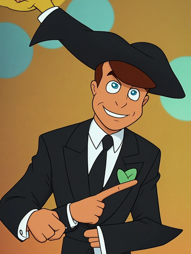 a closeup of a cartoon character wearing a black suit, from the hit 90s cartoon TV show "The Mascara". Wearing a wedding suit pointing thumb to the left green face with a big smile 