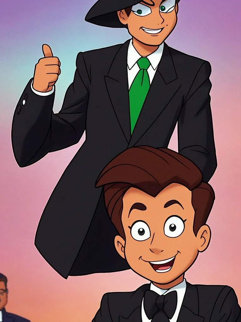 a closeup of a cartoon character wearing a black suit, from the hit 90s cartoon TV show "The Mascara". Wearing a wedding suit pointing thumb to the left green face with a big smile