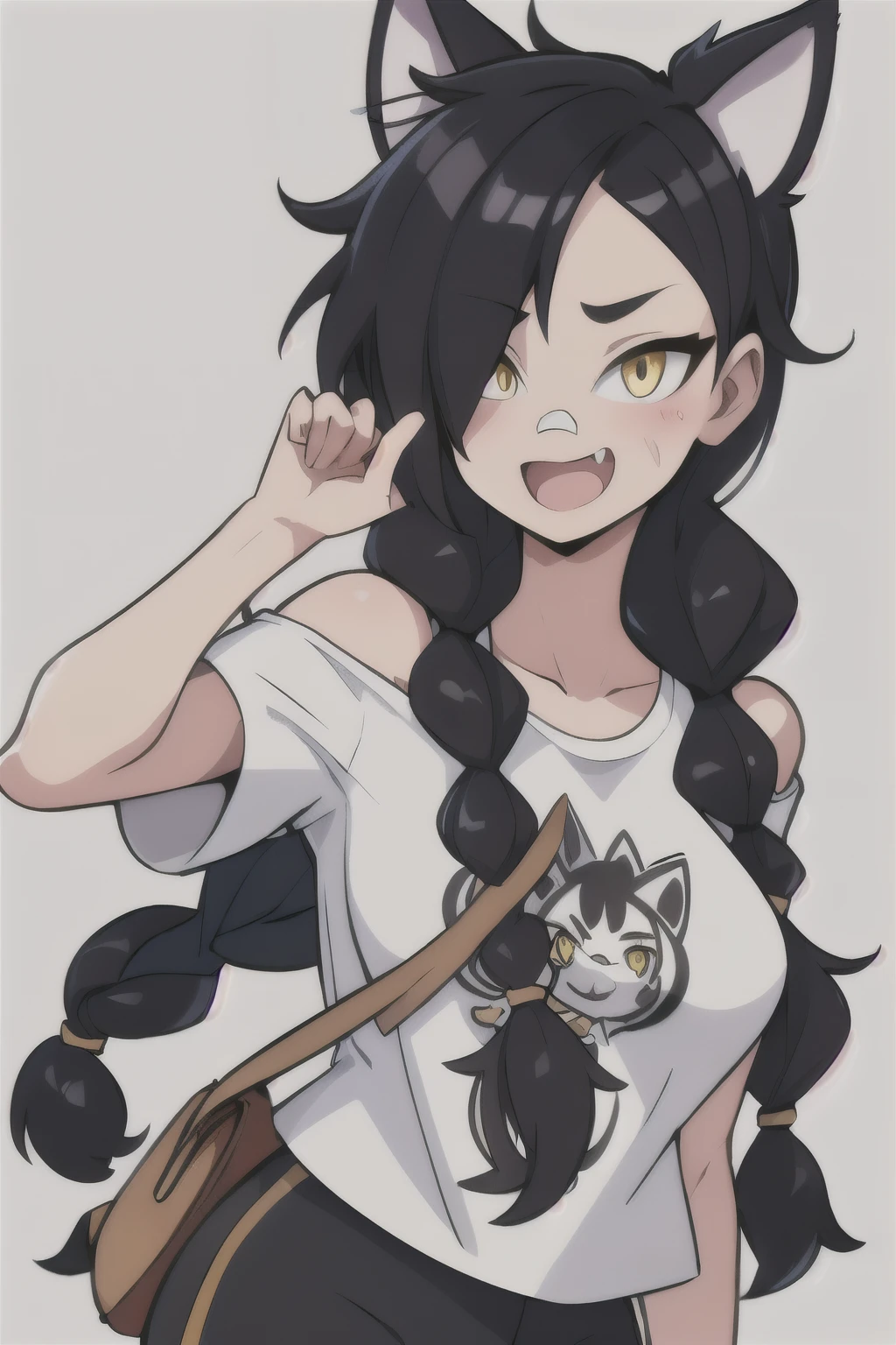 1girl, solo, long hair, looking at viewer, black hair, bandaid on face, yellow eyes, animal ears, smile, bandaid on nose, braid, cat ears, bandaid, bangs, breasts, fake animal ears, simple background, open mouth, fang, bare shoulders, scar, teeth, shirt, bare shoulders, white shirt, short sleeves, closed mouth, t-shirt, hair over one eye, portrait, bag, hair over shoulder, shorts, fullbody shot, cute, messy hair