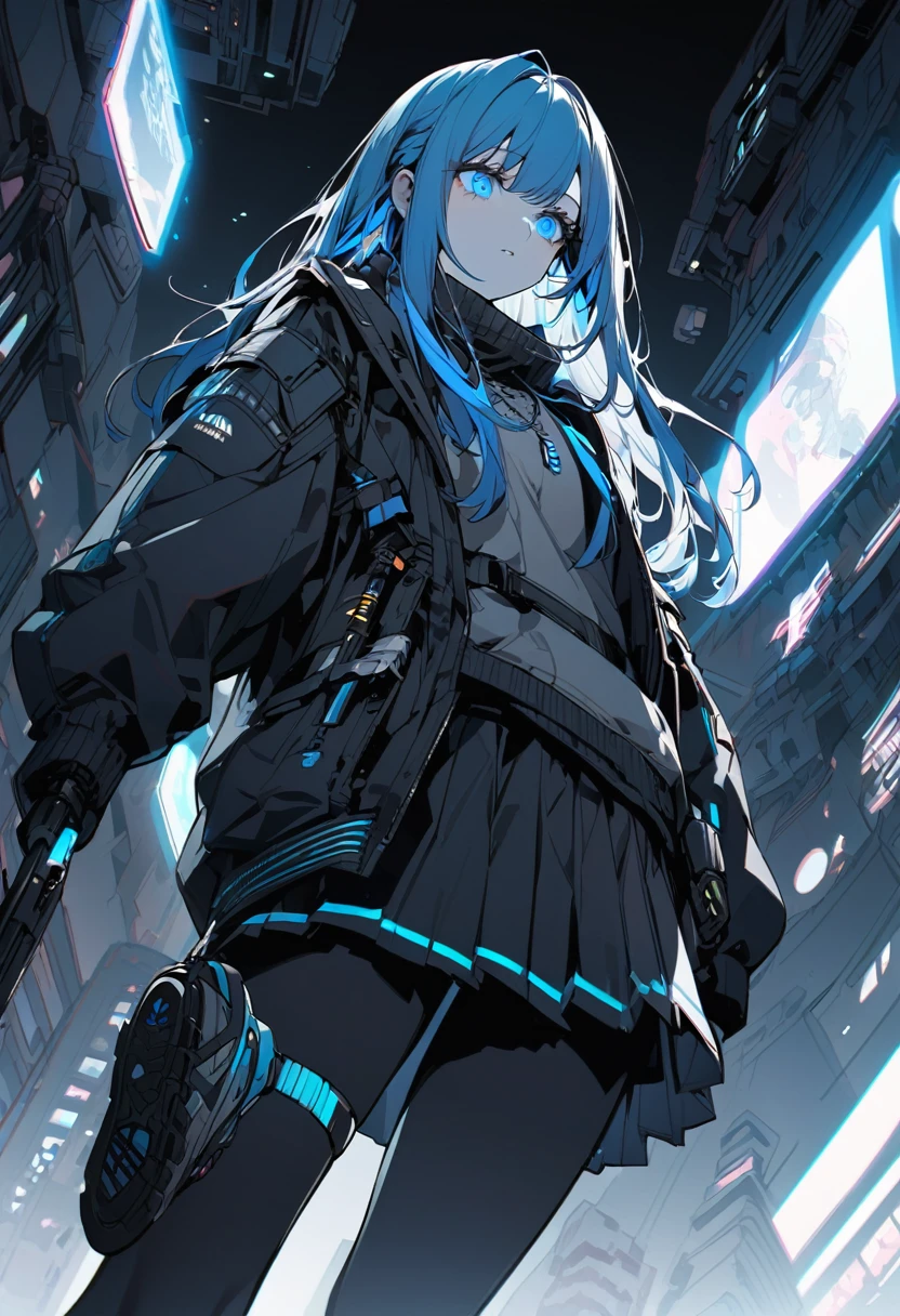 cinematic lighting、highly detailed skin,1 girl, highest quality,cyberpunk,(dim color, soothing tone:1.3),(20 year old beautiful woman、Detailed beautiful facial featureedium blue hair、shoulder length hair、blue eyes、Rosary Necklace)BREAK,BREAK、Wear a black cybertech short blouson on top、(Black sailor suit、navy color pleated skirt、black tights、black tech sneakers)BREAK.(jump acrobatic、The body is floating、Face looking down、Look here、Very low angle:1.3)Looking up angle from the ground、jump up and down、Angle of the sky from the ground、Center of cyberpunk style buildings