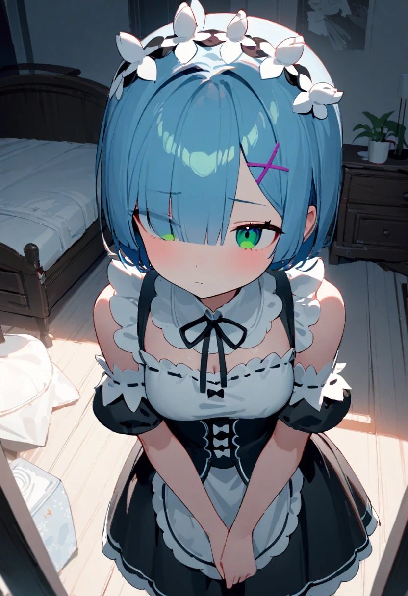 1girl, rem (re:zero), re:zero kara hajimeru isekai seikatsu, maid, maid dress, katyusha, dizzy spiral eyes, green eyes,expressionless,standing ,room, pov, indoor lighting, bedroom setting, masterpiece, best quality, absurdres