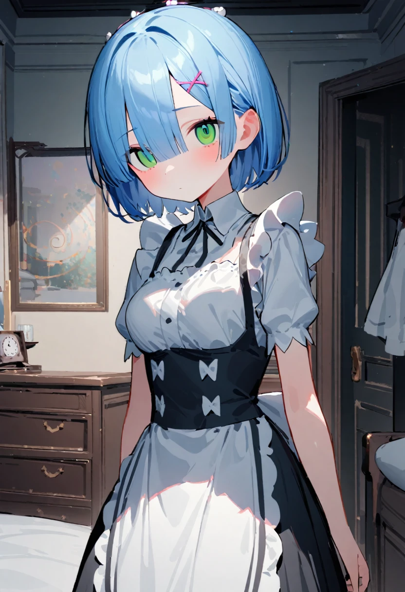 1girl, rem (re:zero), re:zero kara hajimeru isekai seikatsu, maid, maid dress, katyusha, dizzy spiral eyes, green eyes,expressionless,standing ,room, pov, indoor lighting, bedroom setting, masterpiece, best quality, absurdres