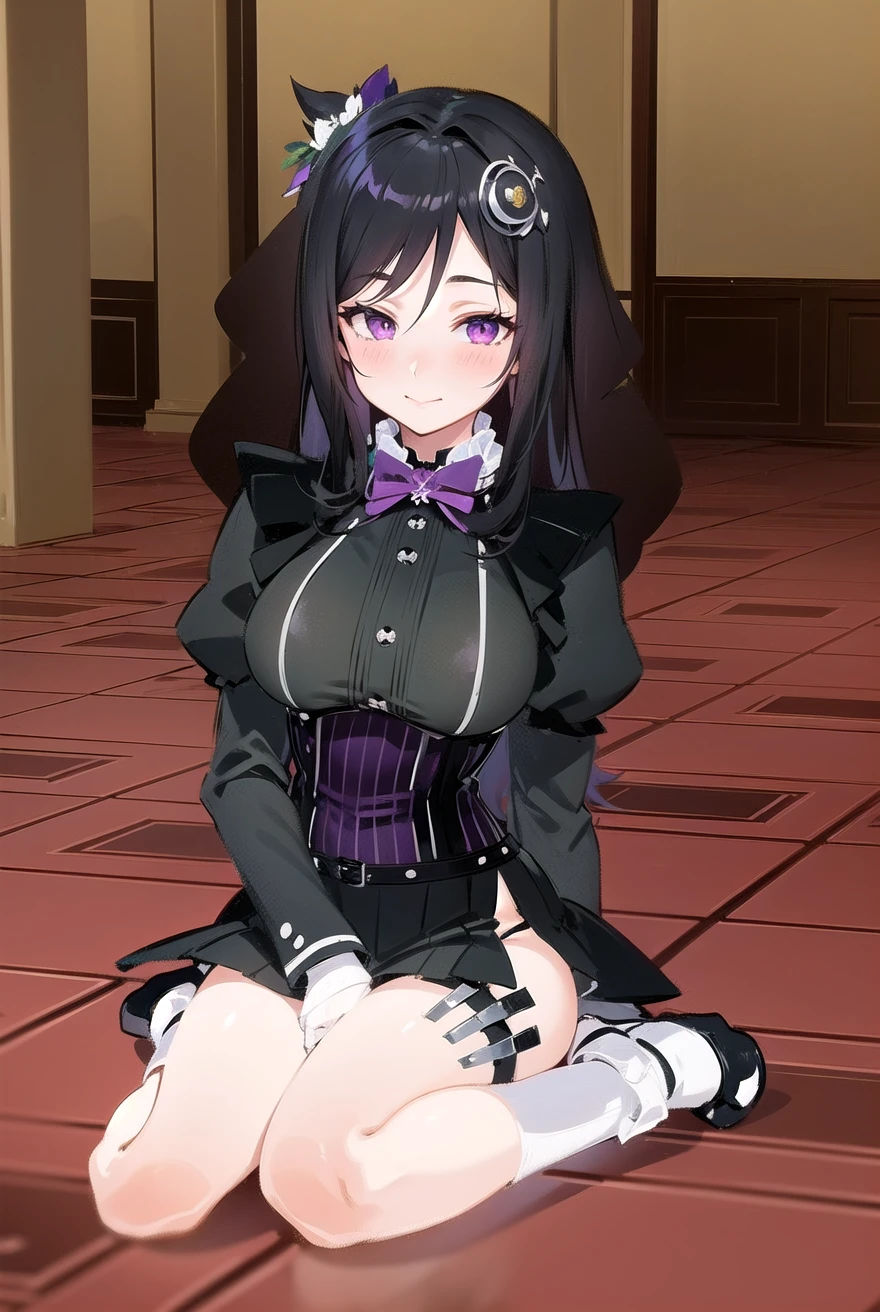 1girl, Long Hair, Black Hair, Breasts, sitting, Purple Eyes, Blush, Light Smile, Half-Closed Eye, Simple background, Hair Flower, Anime Style, Masterpiece, black translucent head covering.