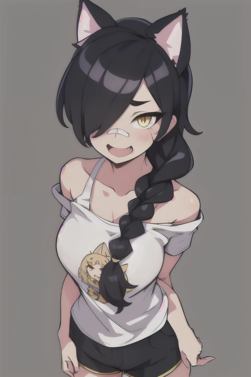 1girl, solo, long hair, looking at viewer, black hair, bandaid on face, yellow eyes, animal ears, smile, bandaid on nose, braid, cat ears, bandaid, bangs, breasts, fake animal ears, simple background, open mouth, fang, bare shoulders, scar, teeth, shirt, bare shoulders, white shirt, short sleeves, closed mouth, t-shirt, hair over one eye, portrait, bag, hair over shoulder, shorts, fullbody shot, cute, messy hair