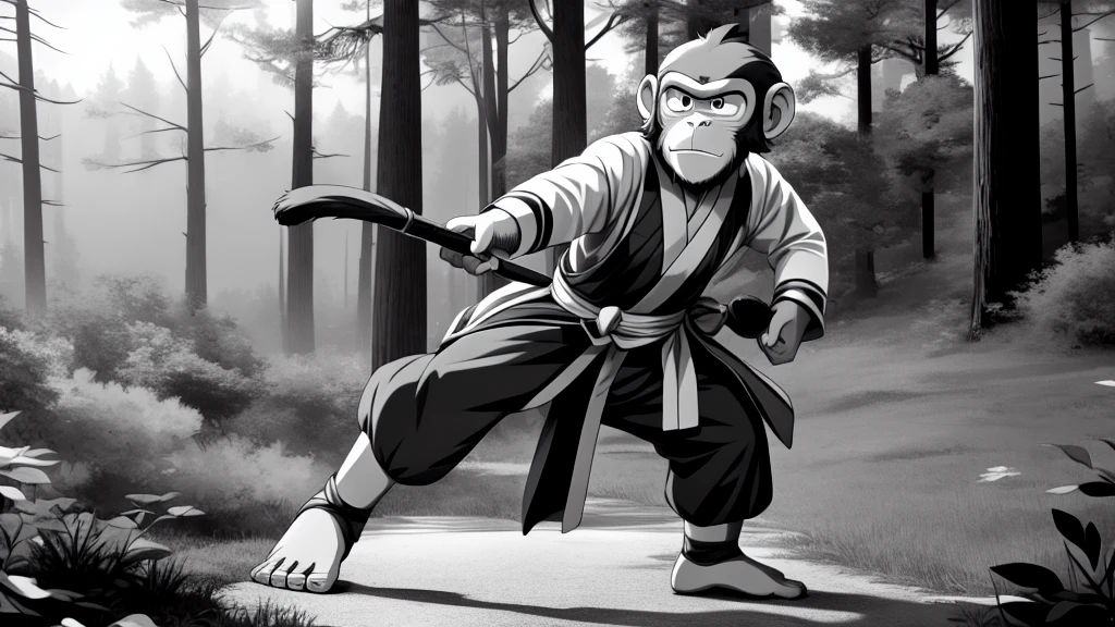 ((Masterpiece, high quality, best graphics, high definition, high definition, 4k)), old photo, vintage photo, 1 Monkey boy, (Solo), (((monkey ears, monkey tail))), ((upper body)), Wooden Katana in right hand, old samurai suit, old samurai pants, (ribbon on waist), wooden sandals, looking away, standing, {dynamic pose}, (((monochrome, grayscale, pencil style, old movie style, noise, VHS movie, anime style))), (forest background, trees, tree shadow, grass, (((Saru to kani no Gassen anime 1917 style))).