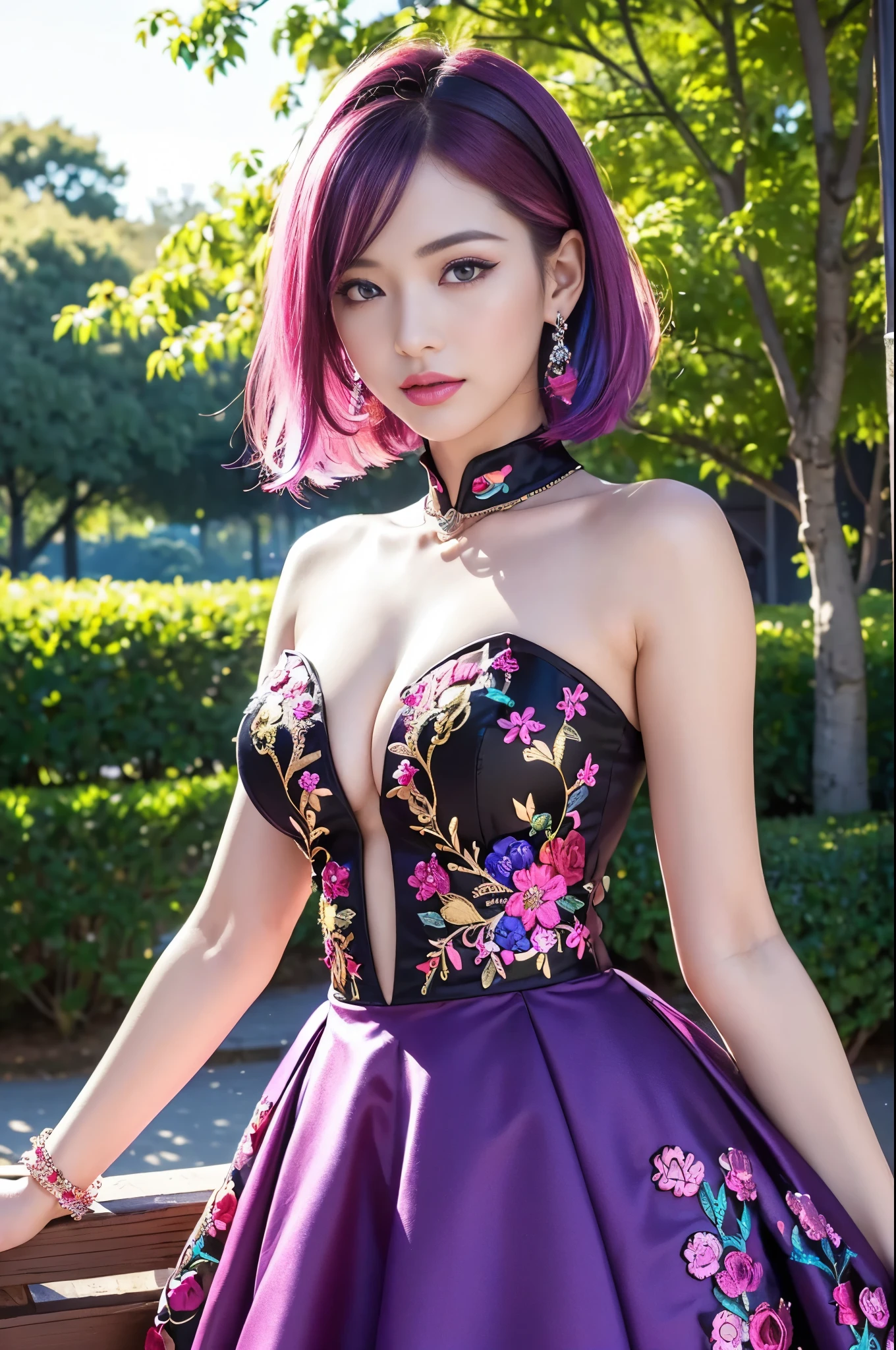 (masterpiece:1.4), (best quality:1.4), ultra high res, ultra high resolution, ((detailed facial features)), HDR, (realistic, photorealistic, photo-realistic:1.37), full body Esbian, sexy swedish model, (-anime), only 1 model, vivid colors, ((vivid colors multicolor (fuchsia, pink, light blue, purple) very short hair)), (seductive smile), lip-gloss, long lashes, defined eyebrows, wearing large sparkling colorful jewelery, wearing a red silk Paradise Kiss cosplay dress with black floral embroidery, ((vivid colors outfit)), vivid colors, look at the camera, cinematic light, large park background with trees, sweet and sexy pose