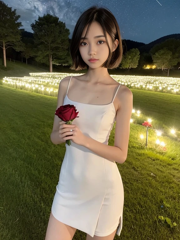beautiful 16 year old girl, Skinny body, small bust, Whole body, standing walking, very short hair, smooth black color, she has a short white dress, bare shoulders, two hands, holding a red rose in her right hand, Perfect face, on a hill at night , few trees, starry sky, very bright stars, look forward, sad
