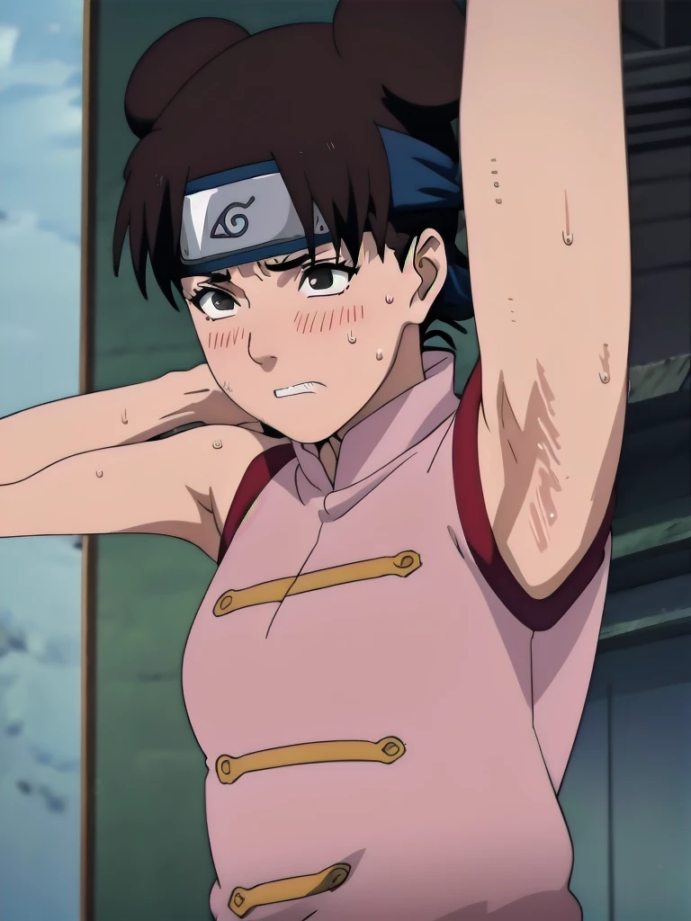 Tenten,solo,armpits,wet armpits, showing wet armpits, armpit,armpits,sweat,sweaty,sweaty armpits,awesome armpits,tired,exhausted,arms up,arm warmers,sleeveless, moderately sized breasts