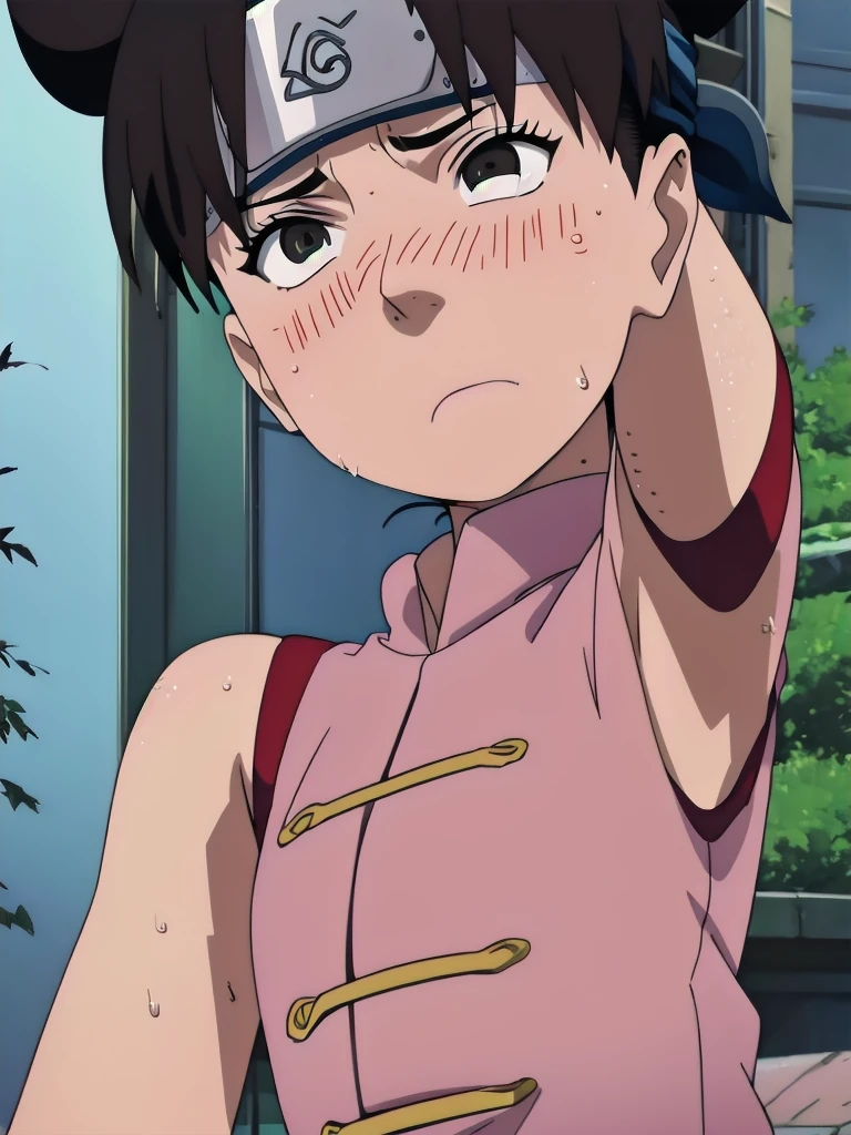 Tenten,solo,armpits,wet armpits, showing wet armpits, armpit,armpits,sweat,sweaty,sweaty armpits,awesome armpits,tired,exhausted,arms up,arm warmers,sleeveless, moderately sized breasts