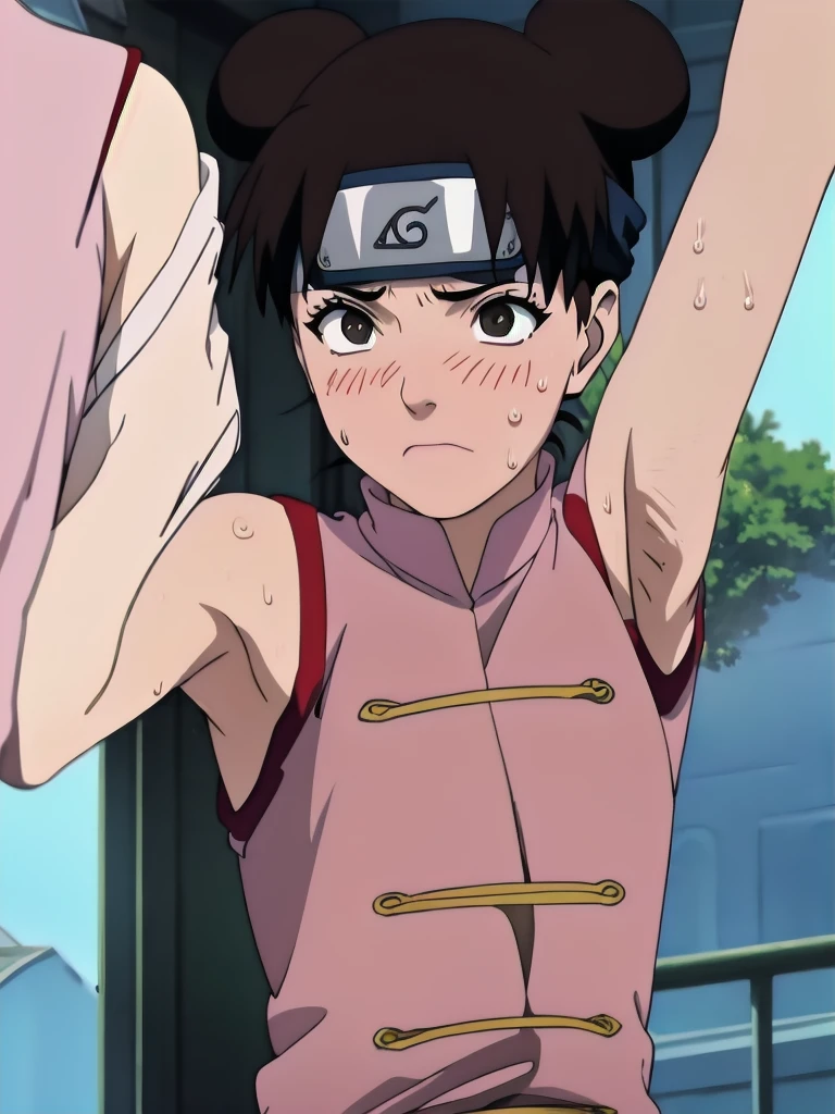 Tenten,solo,armpits,wet armpits, showing wet armpits, armpit,armpits,sweat,sweaty,sweaty armpits,awesome armpits,tired,exhausted,arms up,arm warmers,sleeveless, moderately sized breasts