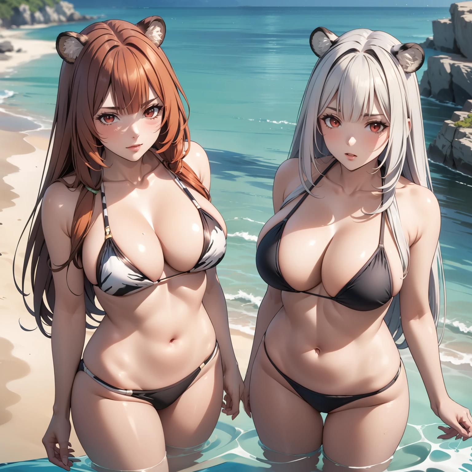 Two women mujer( Raphtalia, orange hair red eyes and bear ears big breasts), with another woman, (Atlas Fayon woman 40 years old, white hair with black stripes ,white tiger ears,) RED BIKINI AND BLACK BIKINI, background a beach. Two women.