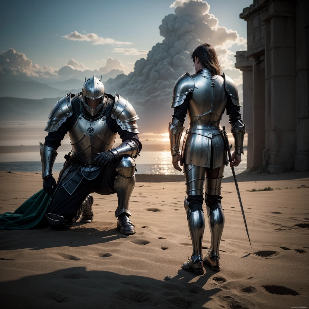 A knight in armor kneels looking at the horizon as if he has just achieved what he always wanted. standing backwards. realisitic. Dark fantasy