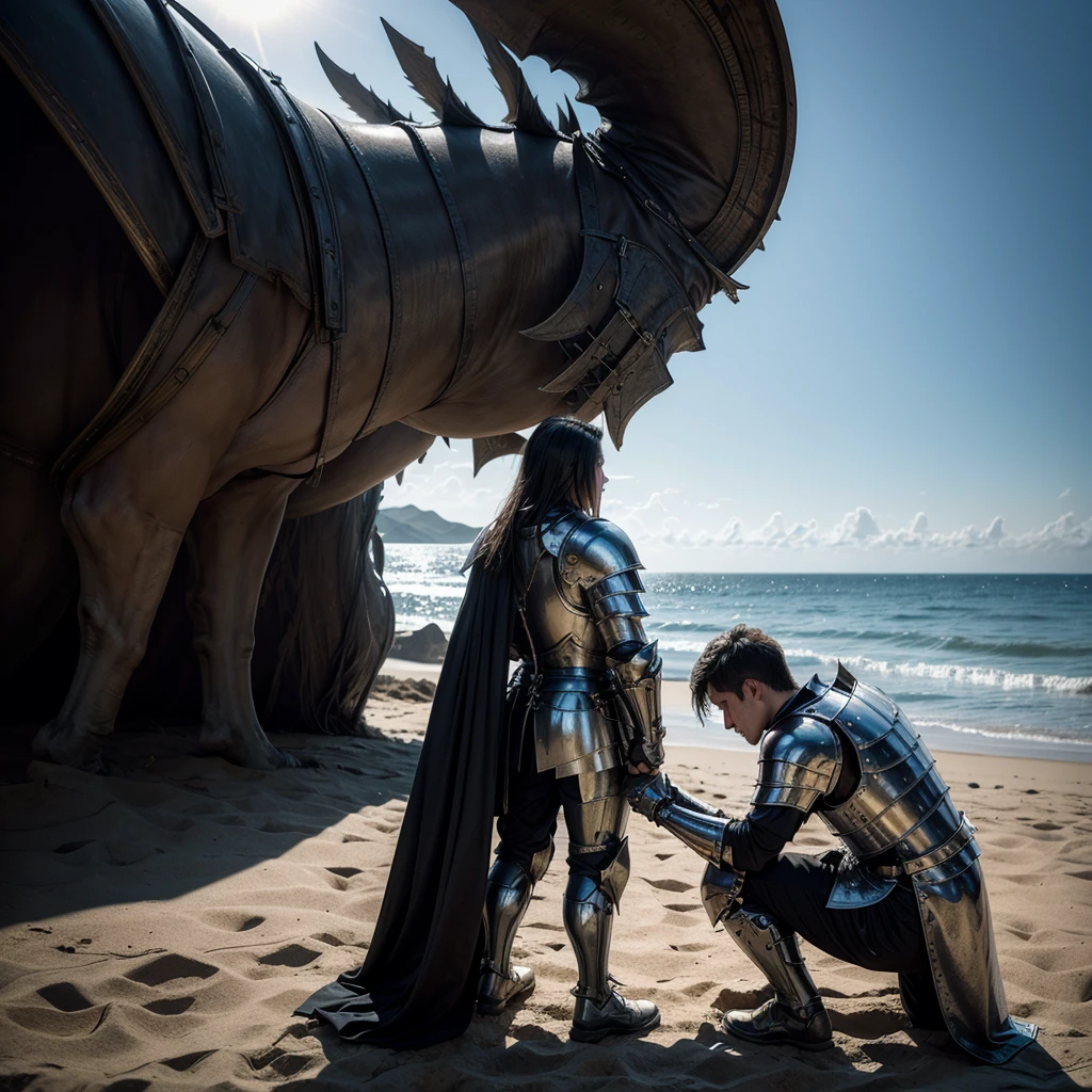 A knight in armor kneels looking at the horizon as if he has just achieved what he always wanted. standing backwards. realisitic. Dark fantasy