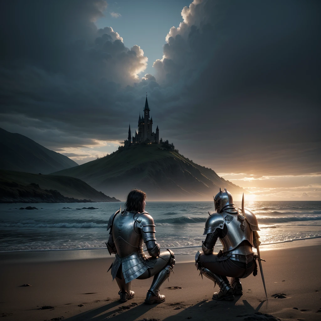 A knight in armor kneels looking at the horizon as if he has just achieved what he always wanted. standing backwards. realisitic. Dark fantasy