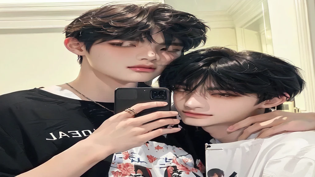 there are two young people taking a selfie in a mirror, Cai Xu Kun, Jinyoung Shin, 1 7-year-old boy with a thin face, Kim Doyoung, sometimes ulzzang, Yanjun Chengt, handsome boys, gunwoo kim y j.Dickenson, alessio albi and shin jeongho, Sha Xi, TaeJune Kim, Taekook, kim taehyung, JEON JUNGKOOK, BTS, Idol, Kpop idol, korean male 