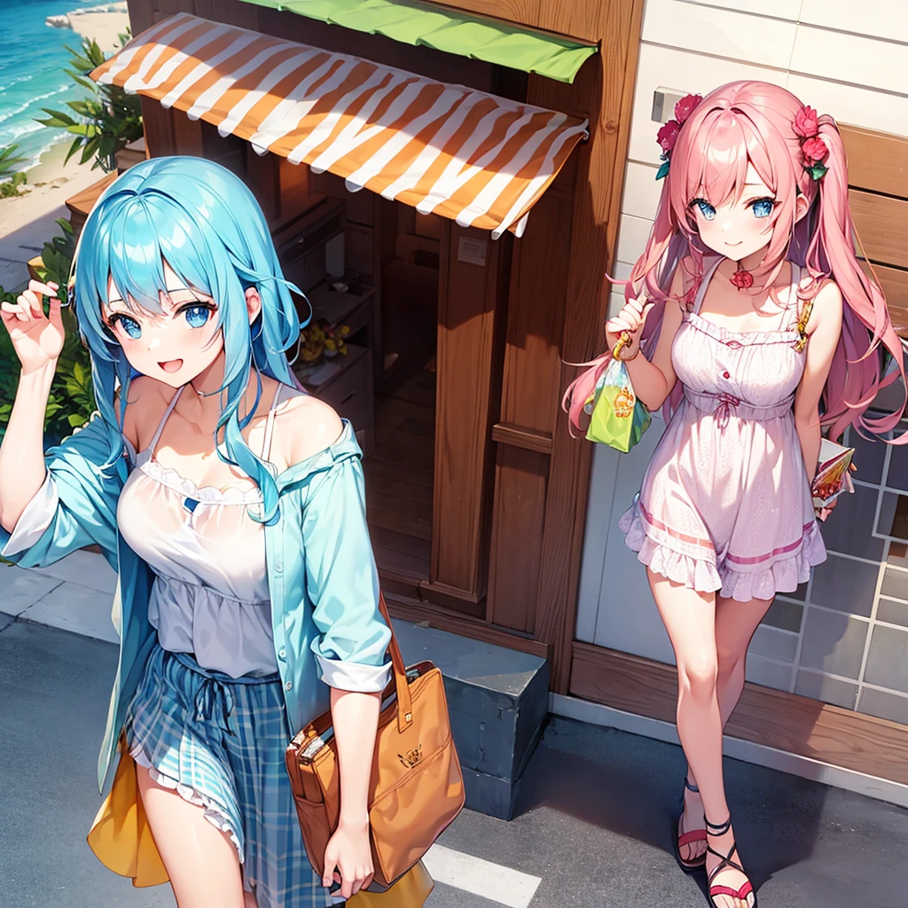 Beautiful anime girl, young, summer vacation lookbook