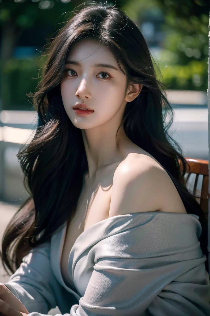 8k, masterpiece, RAW photos, best quality, realistic, extremely detailed CG unity 8k wallpaper, depth of field, Cinematic Light, lens flare, ray tracing, (very beautiful face, beautiful lips, beautiful eyes), A face with intricate details, ((highly detailed skin)), best quality, masterpiece, ultra high resolution, (realistic photo:1.5), Original image, sheer shirt, 1 woman, Off shoulder, in the dark, deep shadow, low song, cold light, sexy look, long gray hair,cafe,pretty,rim light,Swirling hair, medium shot, big bust. Small head