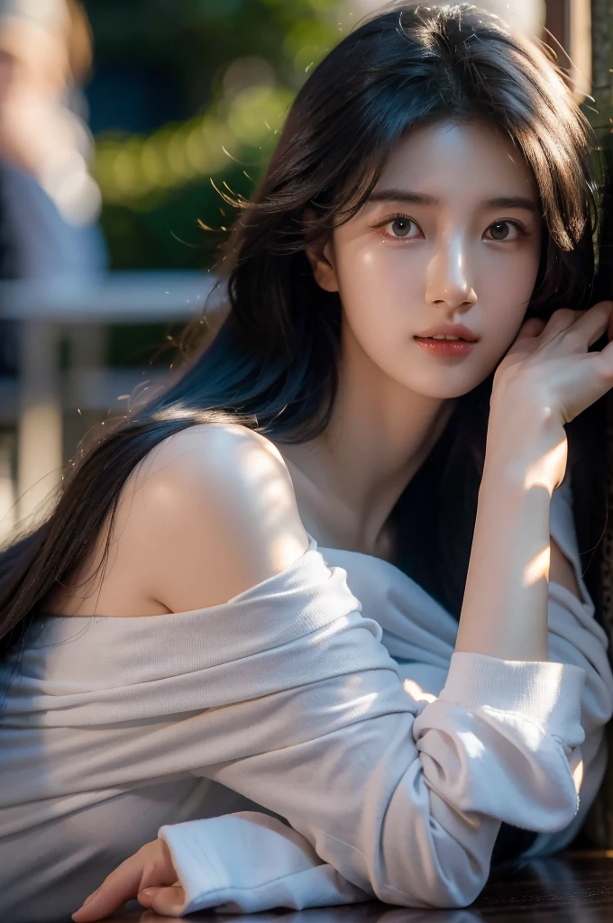 8k, masterpiece, RAW photos, best quality, realistic, extremely detailed CG unity 8k wallpaper, depth of field, Cinematic Light, lens flare, ray tracing, (very beautiful face, beautiful lips, beautiful eyes), A face with intricate details, ((highly detailed skin)), best quality, masterpiece, ultra high resolution, (realistic photo:1.5), Original image, sheer shirt, 1 woman, Off shoulder, in the dark, deep shadow, low song, cold light, sexy look, long gray hair,cafe,pretty,rim light,Swirling hair, medium shot, big bust. Small head