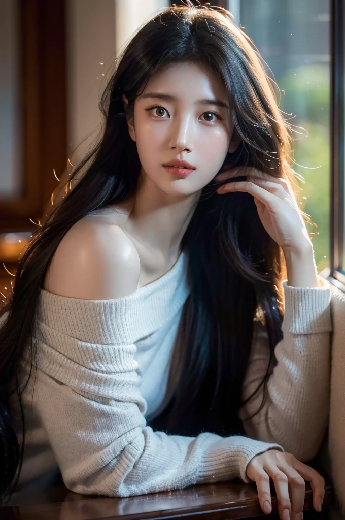 8k, masterpiece, RAW photos, best quality, realistic, extremely detailed CG unity 8k wallpaper, depth of field, Cinematic Light, lens flare, ray tracing, (very beautiful face, beautiful lips, beautiful eyes), A face with intricate details, ((highly detailed skin)), best quality, masterpiece, ultra high resolution, (realistic photo:1.5), Original image, sheer shirt, 1 woman, Off shoulder, in the dark, deep shadow, low song, cold light, sexy look, long gray hair,cafe,pretty,rim light,Swirling hair, medium shot, big bust. Small head