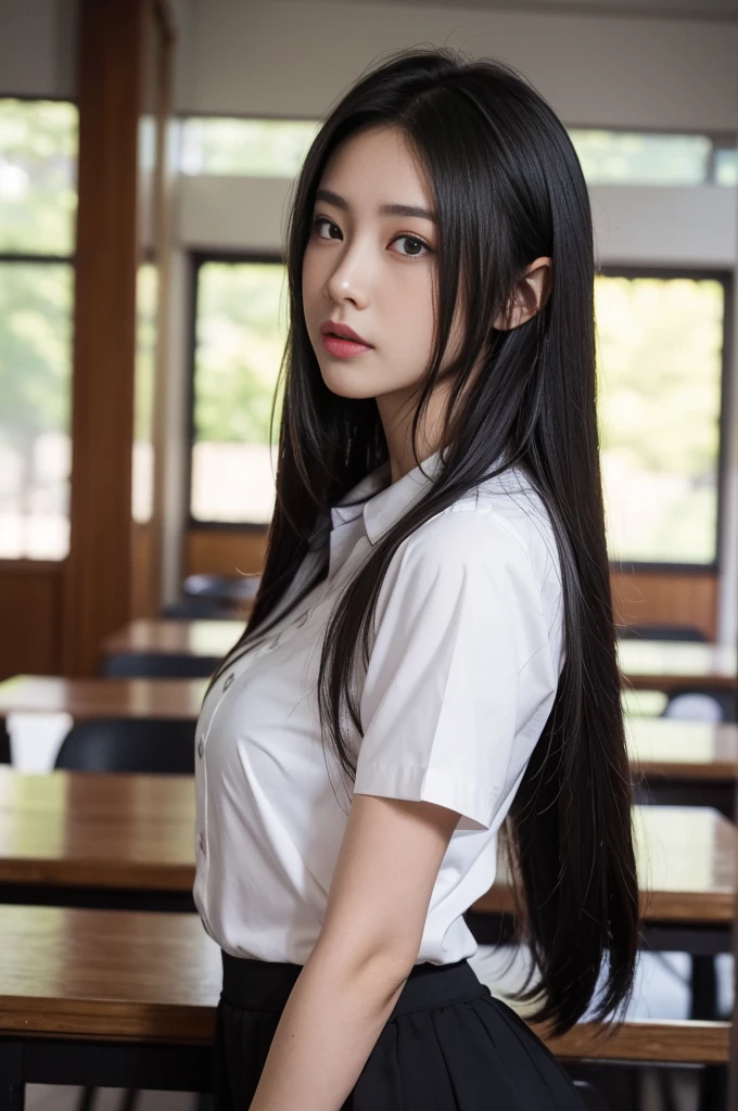 A sexy sensual girl, long hair, uniform, in the classroom, ultra detailed picture, 4k photography, sitting, kissing a short hair middle-aged man