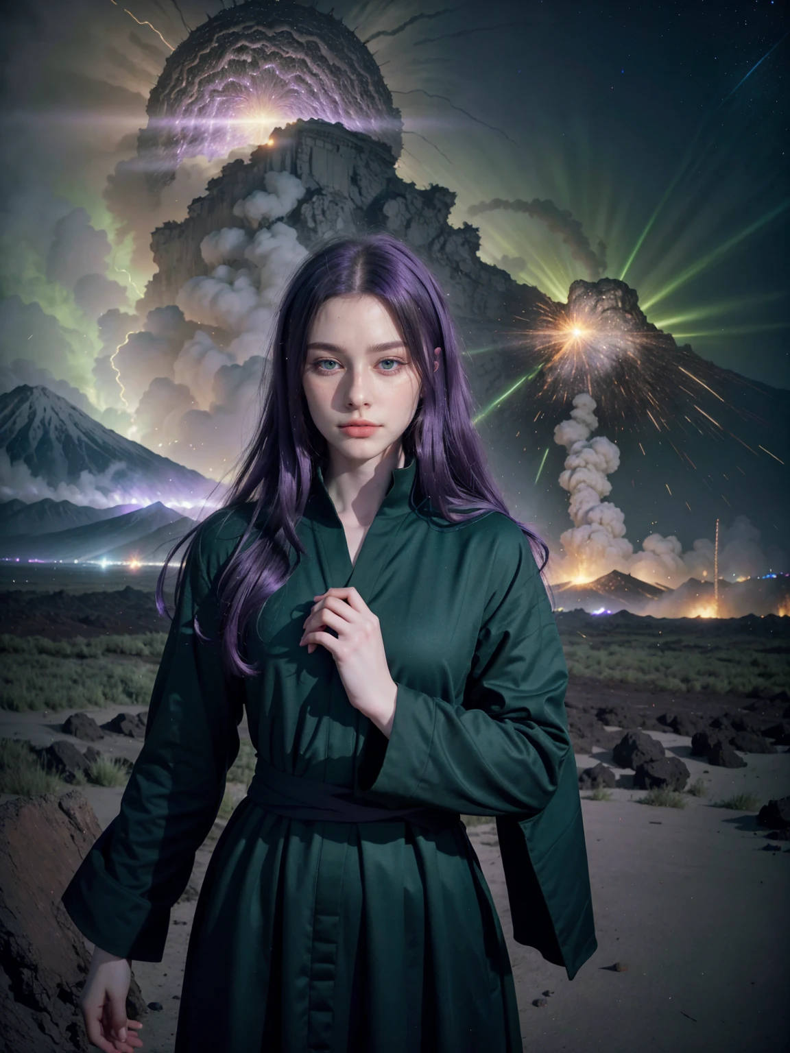 (8k), (highest quality), (best details)Milky Way、purple hair、green eyes、Put on the cassock and pray to God、church、very long hair、Beautiful French woman、NOT Dasha Taran, supernova explosion、Volcanic eruptions、catastrophe、Photography, photorealistic