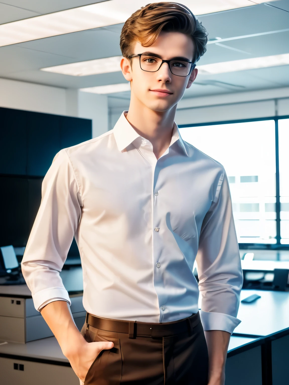 (Masterpiece, Hyperrealistic, 8k, HDR, RAW), ((Natural illumination)), ((Full body shot)), sunset illumination, (((Inside a tech lab, with machines at background))), ((Pretty boy)), American boy, ((Twink)), ((Pale skin)), 18 years old, ((Glasses)), ((Translucent shirt)), ((Office trousers)), ((Looking at viewer)), ((Brown messy hair)), ((Thin slim body)), cute face, blush, grin, perfect anatomy