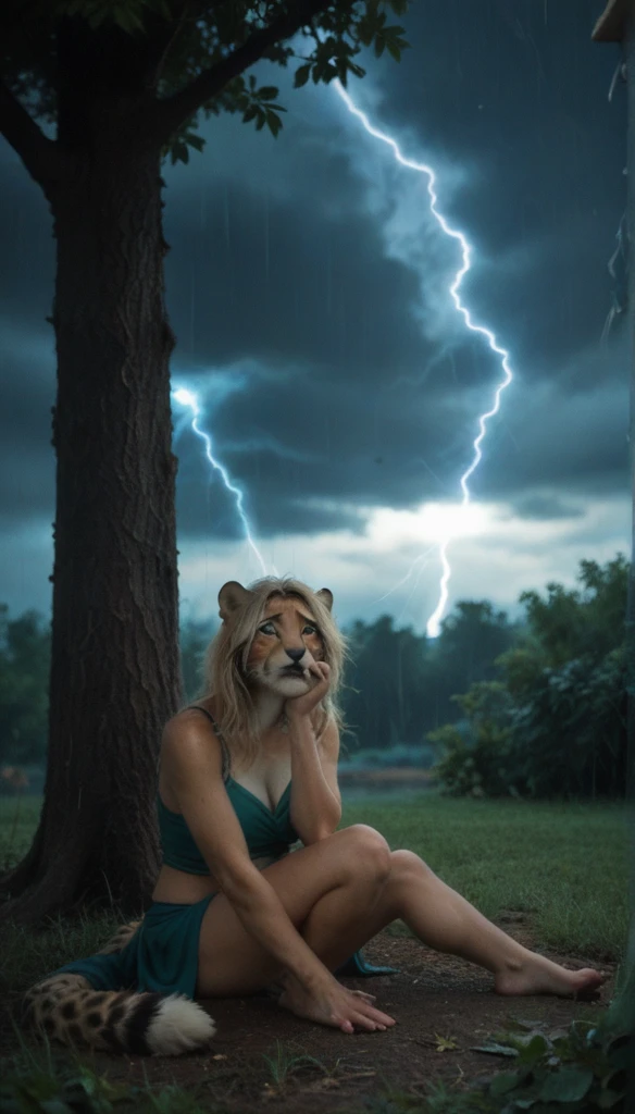 (zPDXL2), score_9, score_8_up, score_7_up, source_anime, 2d, FURRY, anthro, 
female, anthro, [black panther:cheetah:0.3], (black fur), (hiding, seat under tree, scared face expression, Scared pose, rain, raining weather:1.5), (long hair, wheat blonde hair, wet hair, fluffy tail), cheetah ears, big breasts, attractive, (prehistoric, top, loincloth), ((athletic body, Curvy body)), thick hips, freckles, freckles on face, emerald green eyes, ((thunder, storm, lightning, storm and lightning, thunder and lightning, thunder night, cloud night, dark night background:1.75)) , 
AissistXLv2, unaestheticXL_bp5, SimplePositiveXLv2, zPDXL2 PonyXLV6_Scores