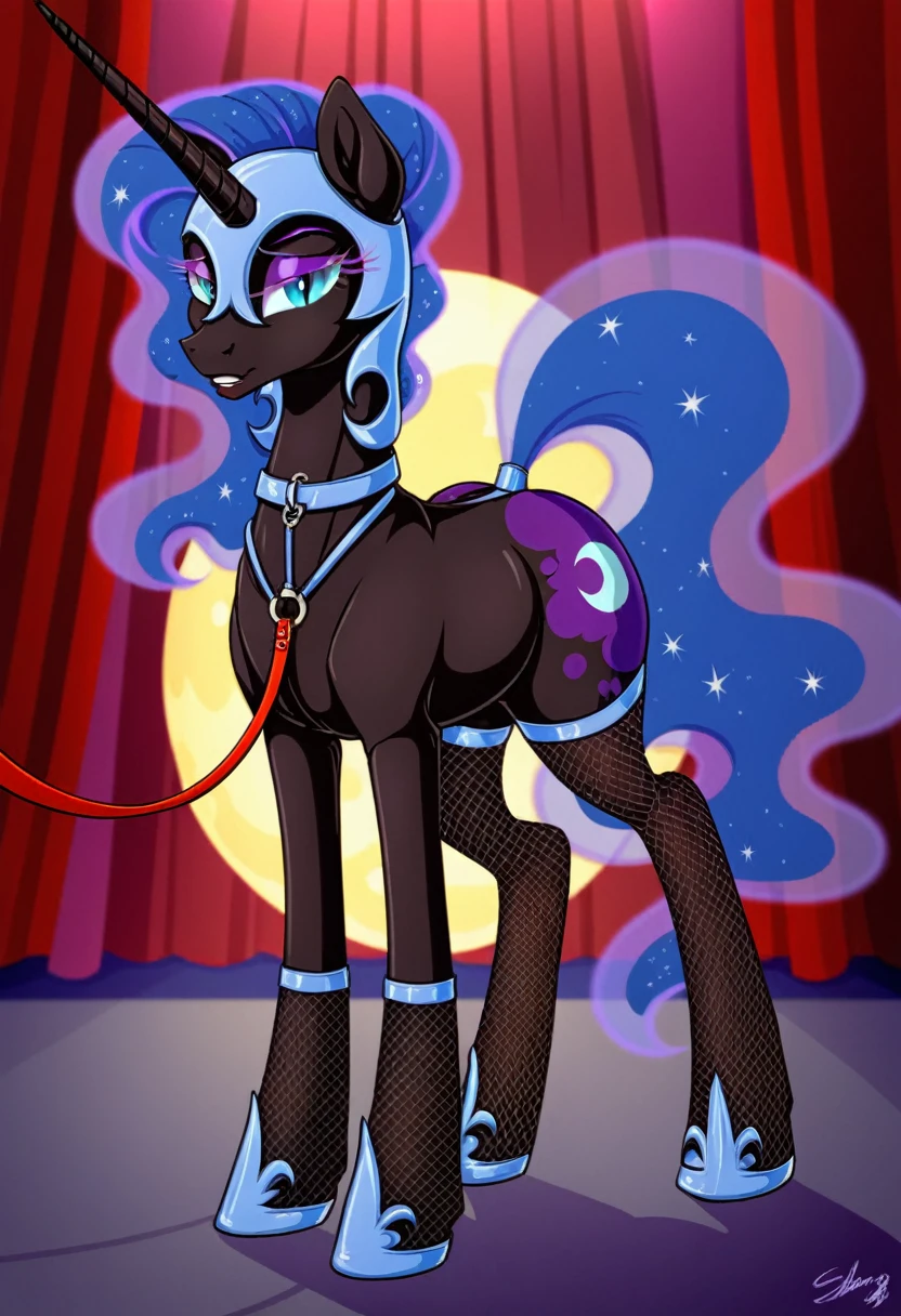 Pony  sad   nightmare moon in   in fishnet tights  b  night club walks on a leash