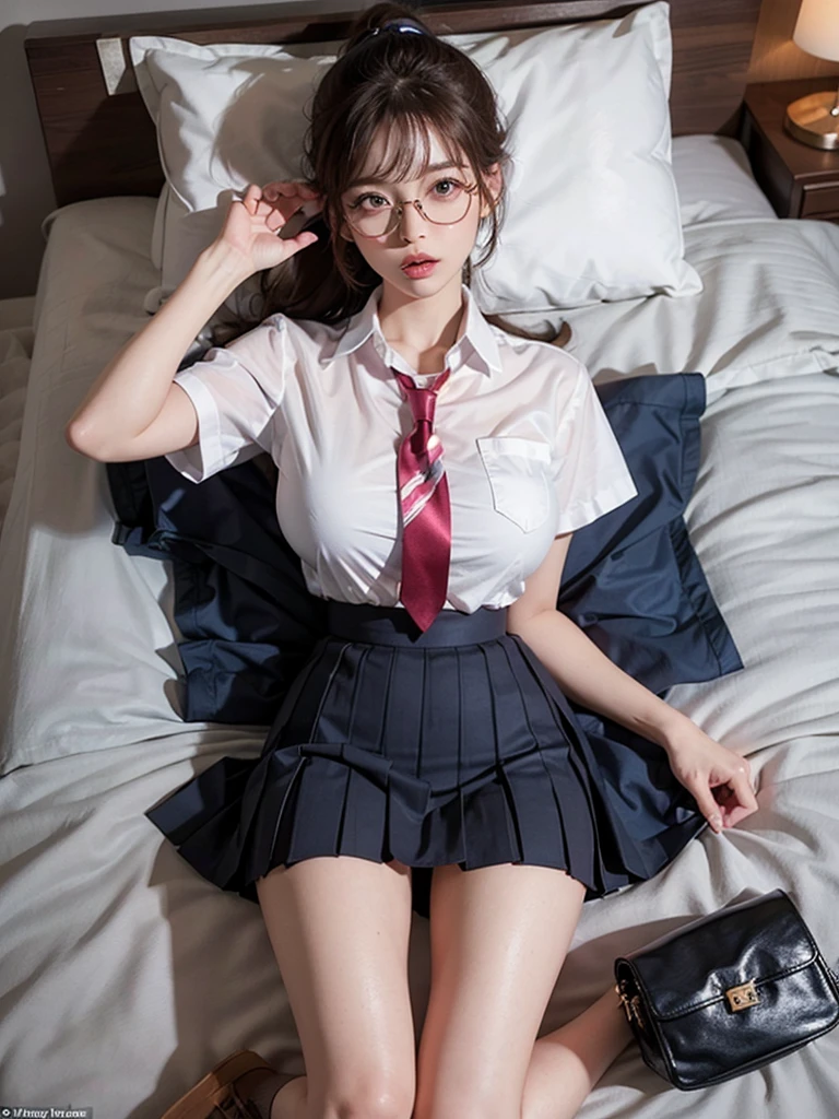 One Japan , Cute Girls, 16 years old, (school uniform), (White shirt), (Navy blue pleated skirt), miniskirt, (red neck tie), Facing the camera, perfection female form, perfection face, Glossy pink lips, Expressive eyes, eye shadow, eyeliner, (Huge natural breasts:1.3), (Narrow waist), light brown hair, (ponytail), expressive hair, (over-rim glasses), mole under eye, eyeball, (looking at viewer, embarrassed:1.6, ashamed:1.45, sleeping:1.2, close eyes:1.24, upturned eyes, flustered, open mouth), bedroom, (from above lying on her back:1.5, head on a pillow, spread open legs, highthigh, black stockings, cameltoe:0.8, full body), UHD, masterpiece, accurate, anatomically correct, textured skin, super detail, high details, high quality, best quality,