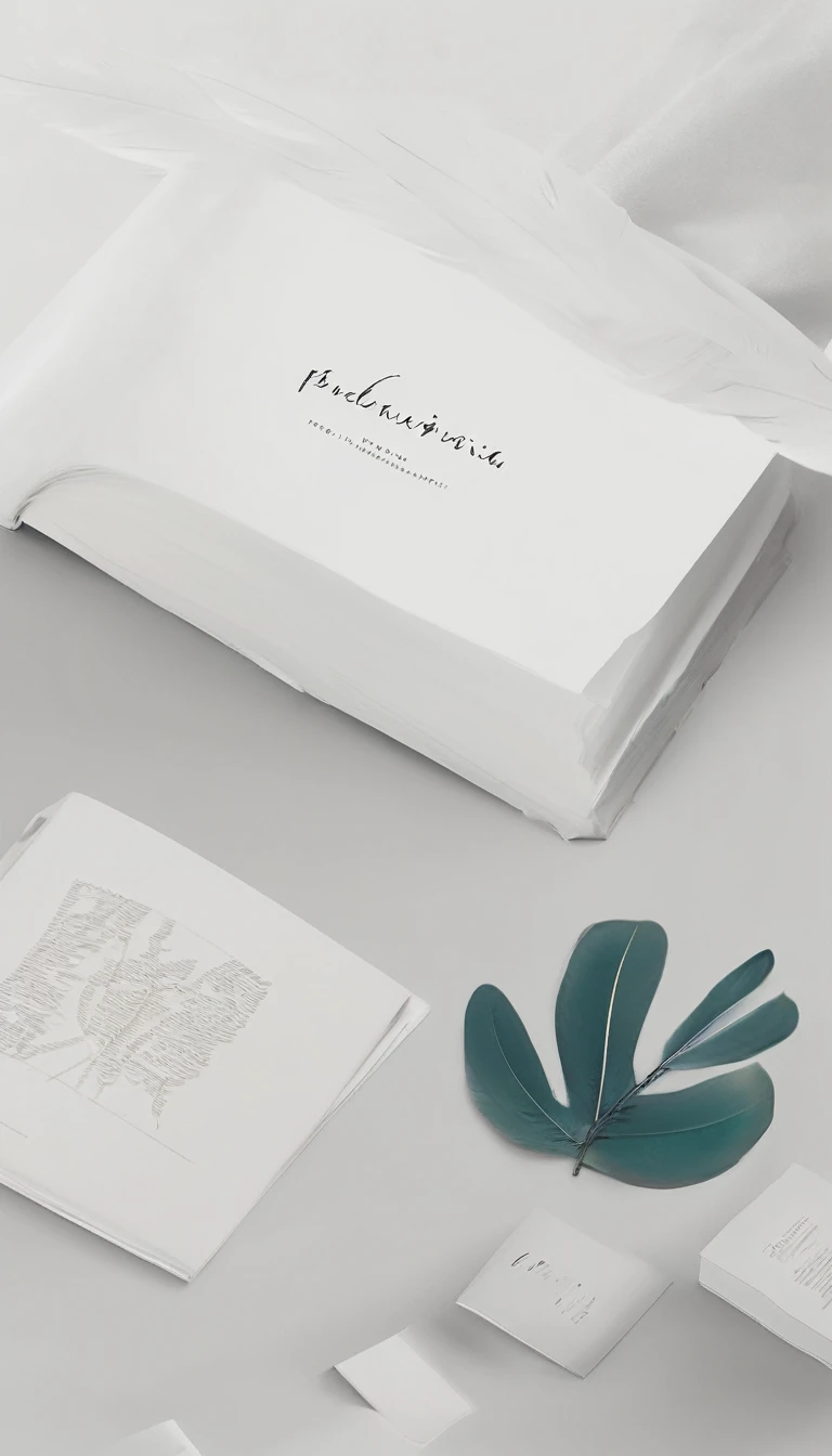 A minimal, modern, simple, cinematic logotype for the brand Penamemoria. The logotype must be a simple Memory Feather. Icon of a unique dreamy feather. The logo must convey a sense of music, stories and dreams. Logo design impressed on a book cover. Minimalistic logo and icon